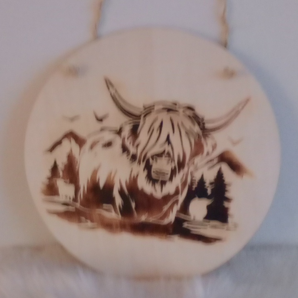 Handmade Highland Cow Home Decor Wood Burnished 11 3/4" Plaque Wall Hanging New